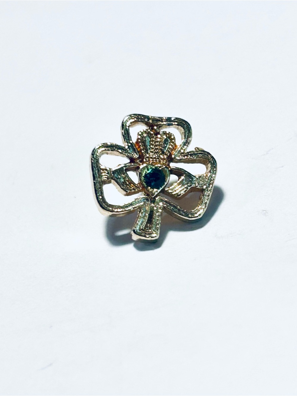 Gold Clover Pin Brooch with Dark Green Stone
